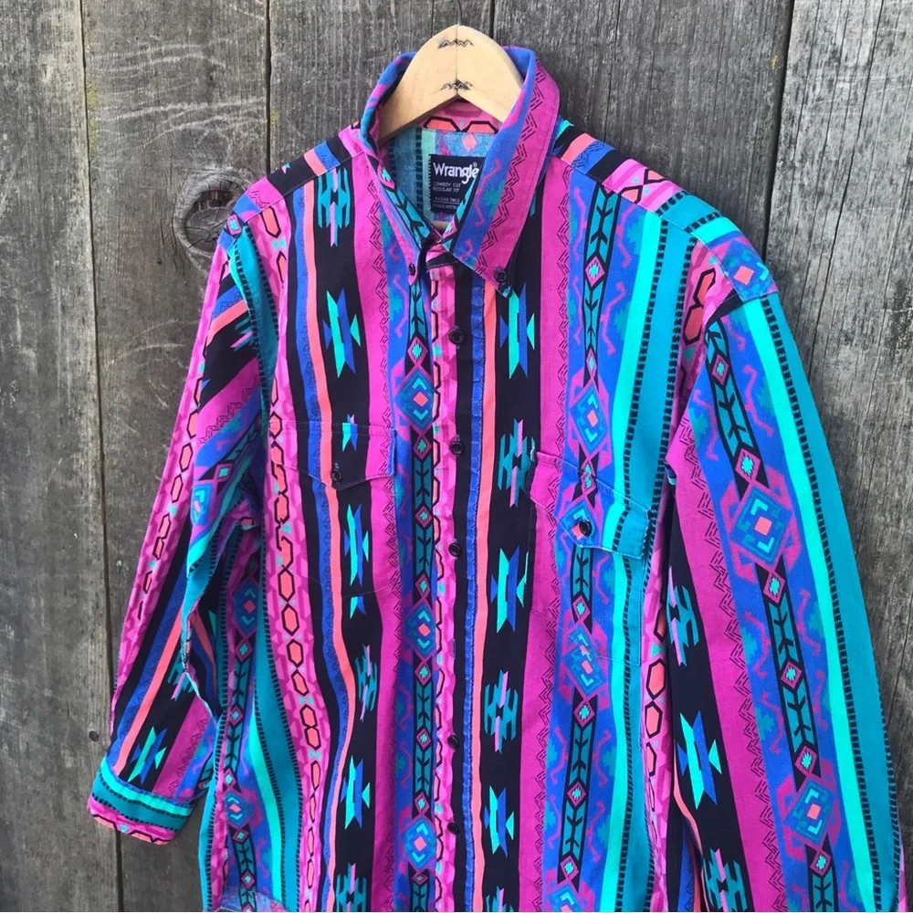 Vintage 90s Wrangler Southwest Aztec Navajo Print Cowboy Rodeo Shirt 16 1/2 - 34 - Picture 2 of 6